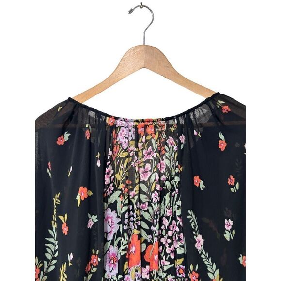 Free People Final Rose Floral Lined V Neck Balloon Sleeve Ruched Blouse Black XS - Picture 8 of 12